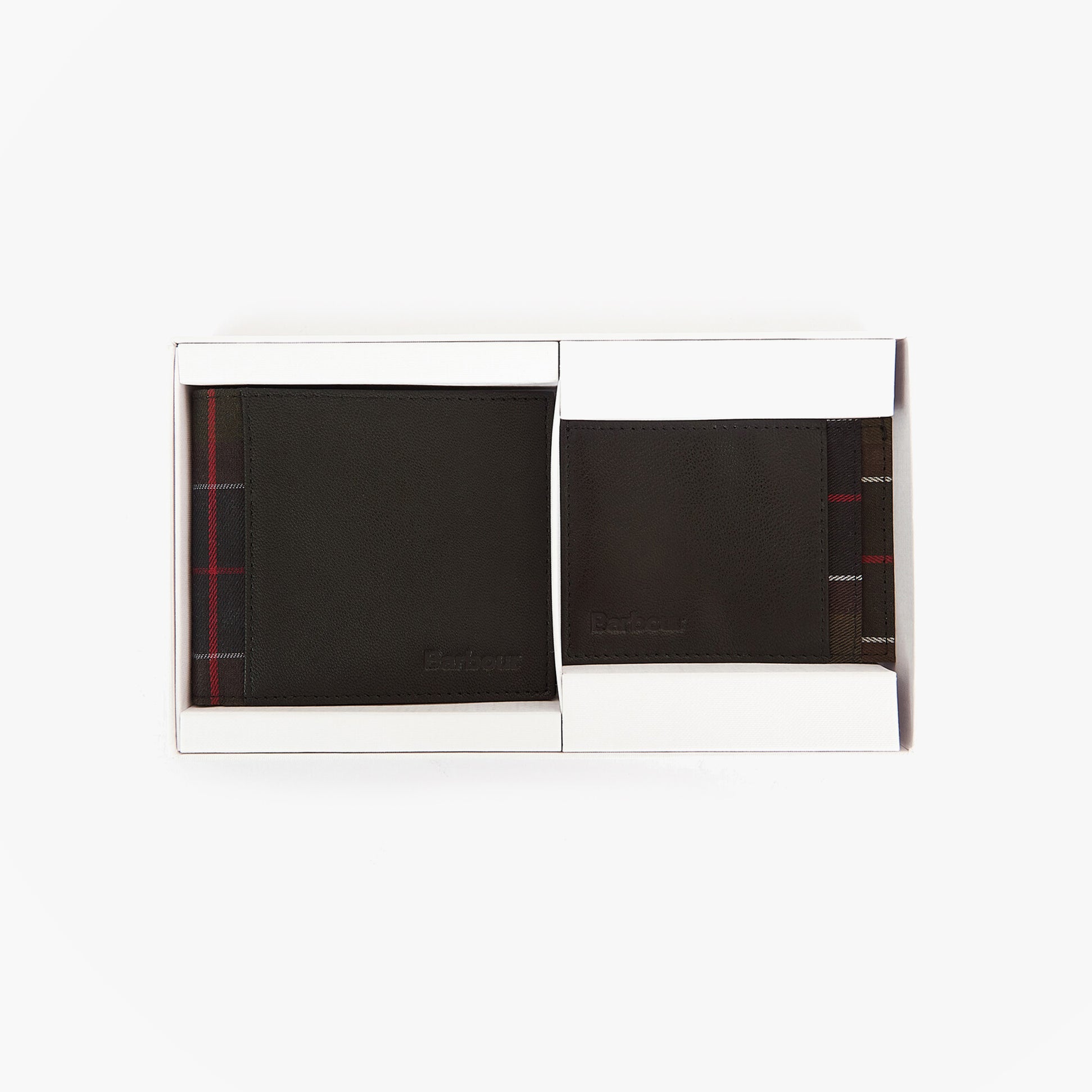 Barbour LEATHER/TARTAN WALLET & CARD HOLDER Gift Set Mens Wallet/Purse Black/Classic Tartan top view in box