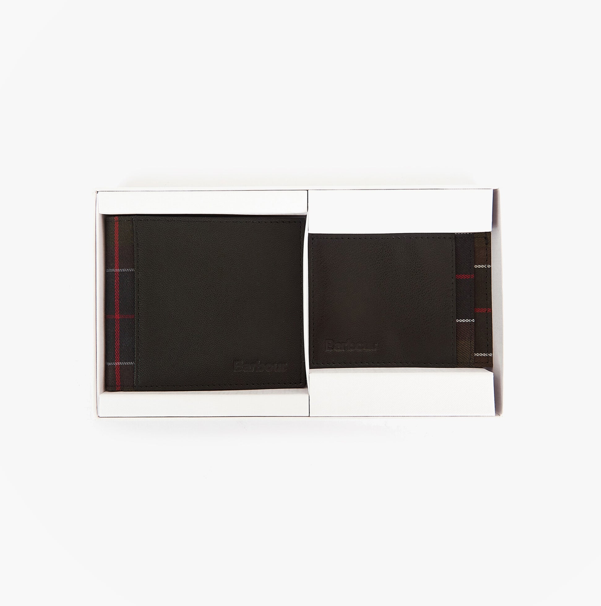 Barbour LEATHER/TARTAN WALLET & CARD HOLDER Gift Set Mens Wallet/Purse Black/Classic Tartan top view in box