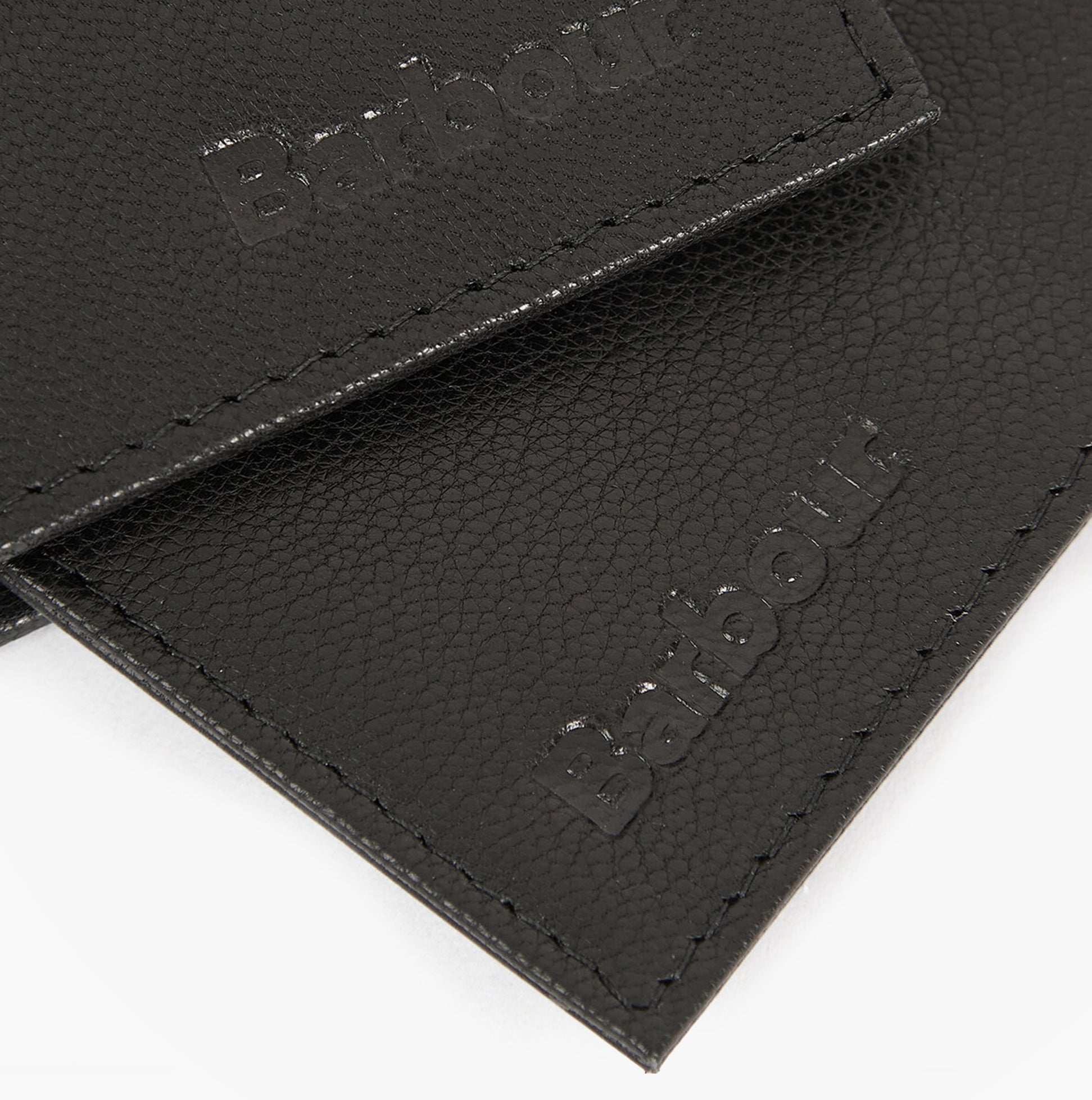 Barbour LEATHER/TARTAN WALLET & CARD HOLDER Gift Set Mens Wallet/Purse Black/Classic Tartan close-up detail view showing leather texture.