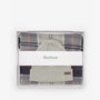 Barbour SWINTON & GALINGALE Hat & Scarf Gift Set Mens Blue Granite in gift box, front view displaying scarf and beanie.