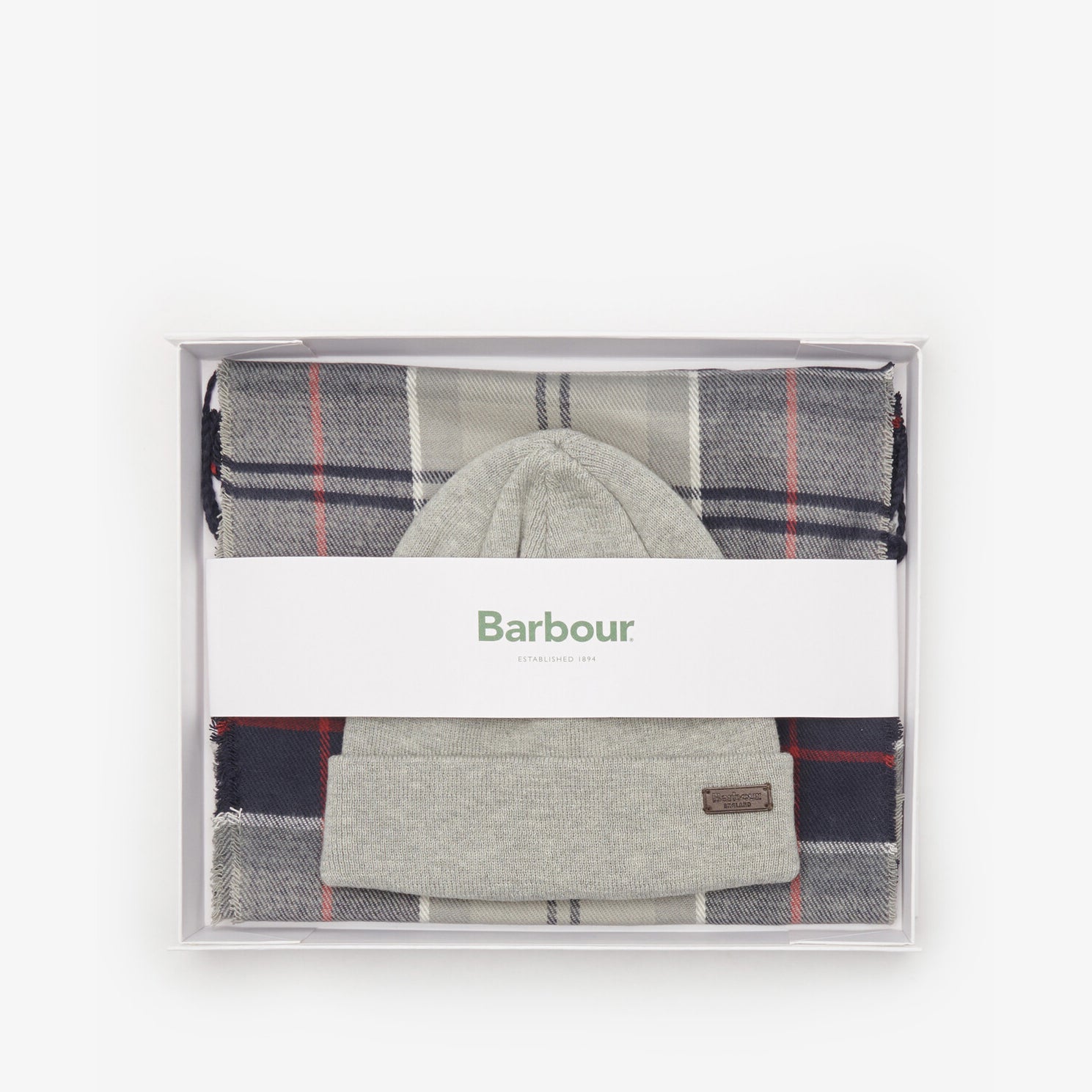 Barbour SWINTON & GALINGALE Hat & Scarf Gift Set Mens Blue Granite in gift box, front view displaying scarf and beanie.