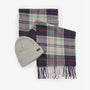 Barbour SWINTON & GALINGALE Hat & Scarf Gift Set Mens Blue Granite, detail view of fringed scarf and ribbed beanie.