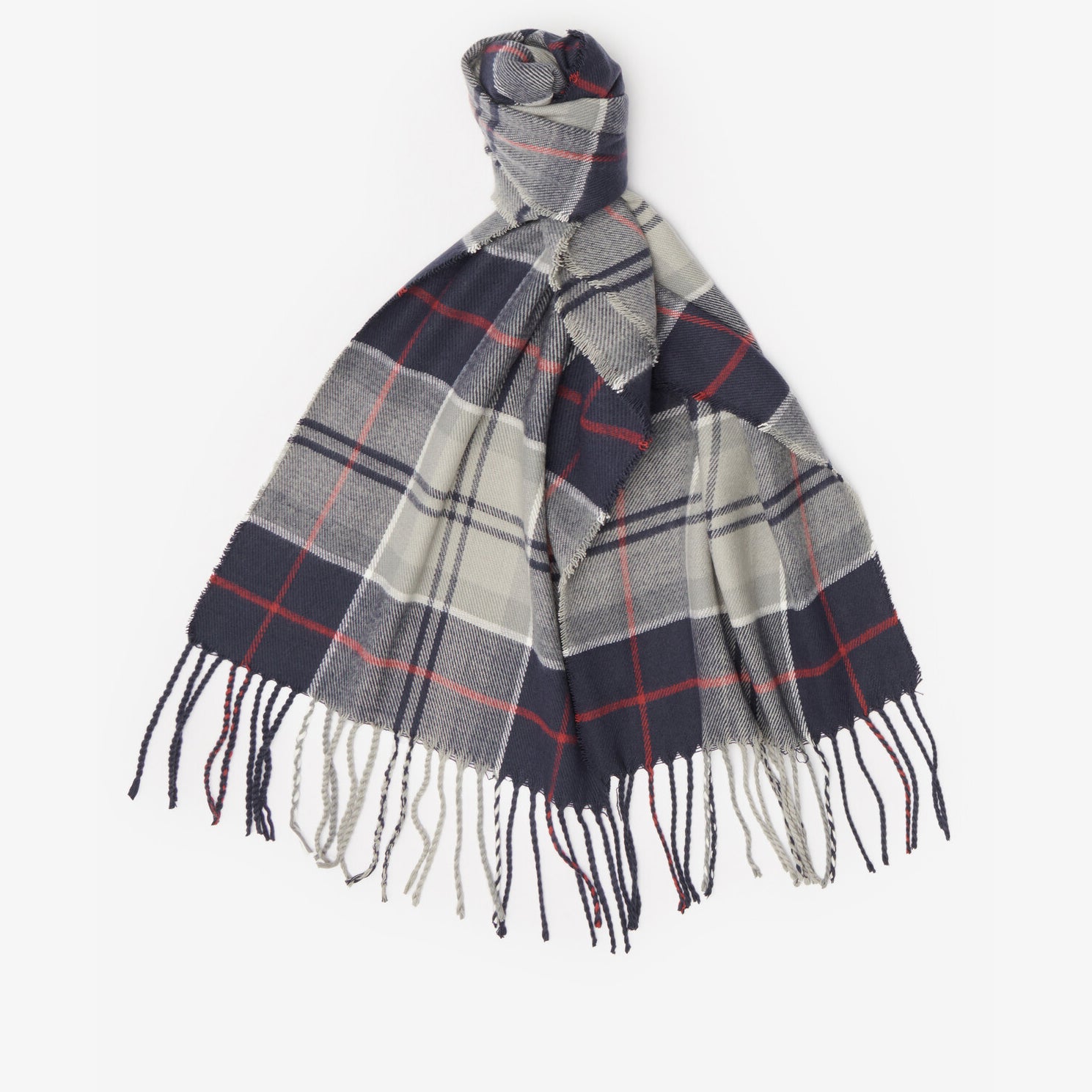 Barbour SWINTON & GALINGALE Hat & Scarf Gift Set Mens Blue Granite, detail view of fringed scarf.