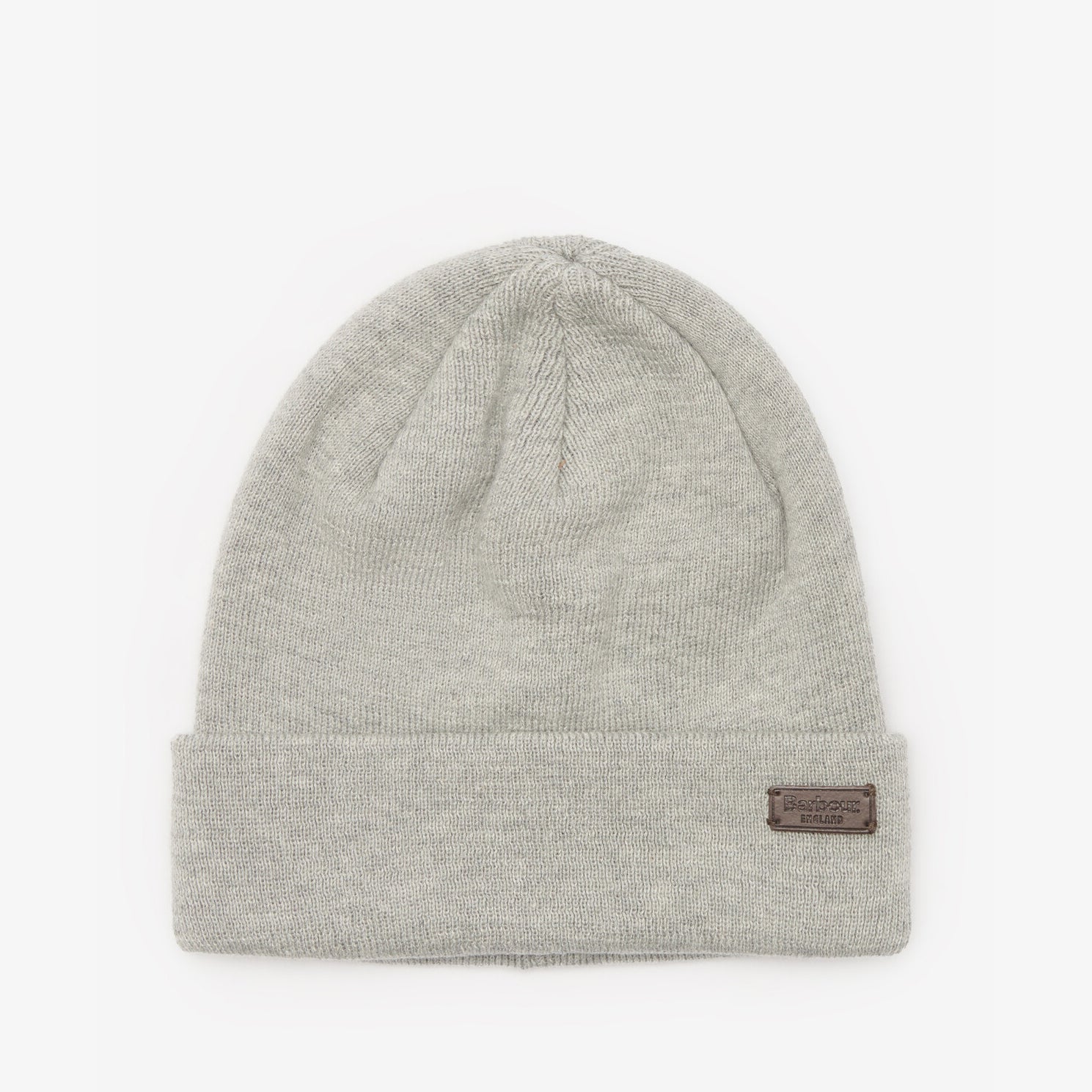 Barbour SWINTON & GALINGALE Hat & Scarf Gift Set Mens Blue Granite, side view of ribbed beanie in light gray color.