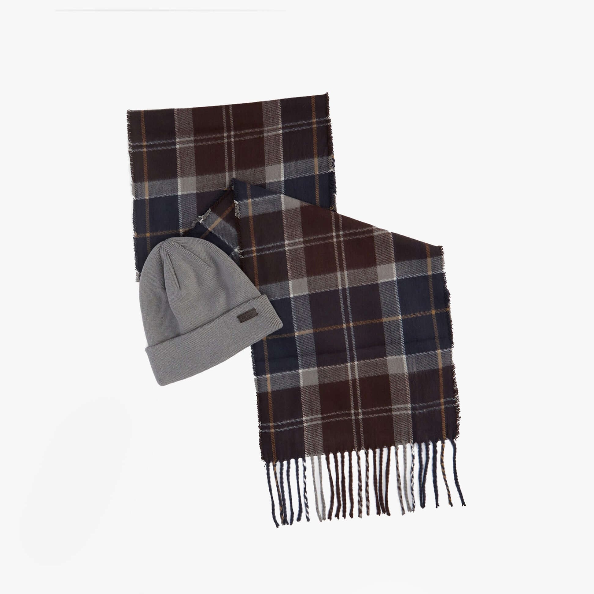 Barbour SWINTON BEANIE & GALINGALE SCARF Mens Gift Set Midnight Oak front view showcasing the beanie and scarf.