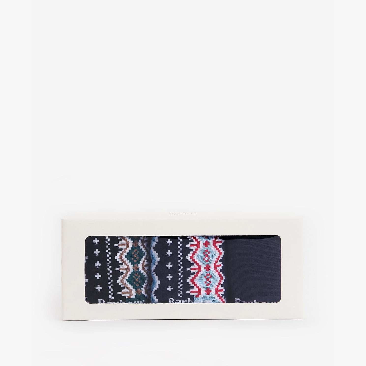 Barbour FAIR ISLE SOCK Mens Gift Box Blue Granite/Green Loch front view showing socks in an elegant gift box.