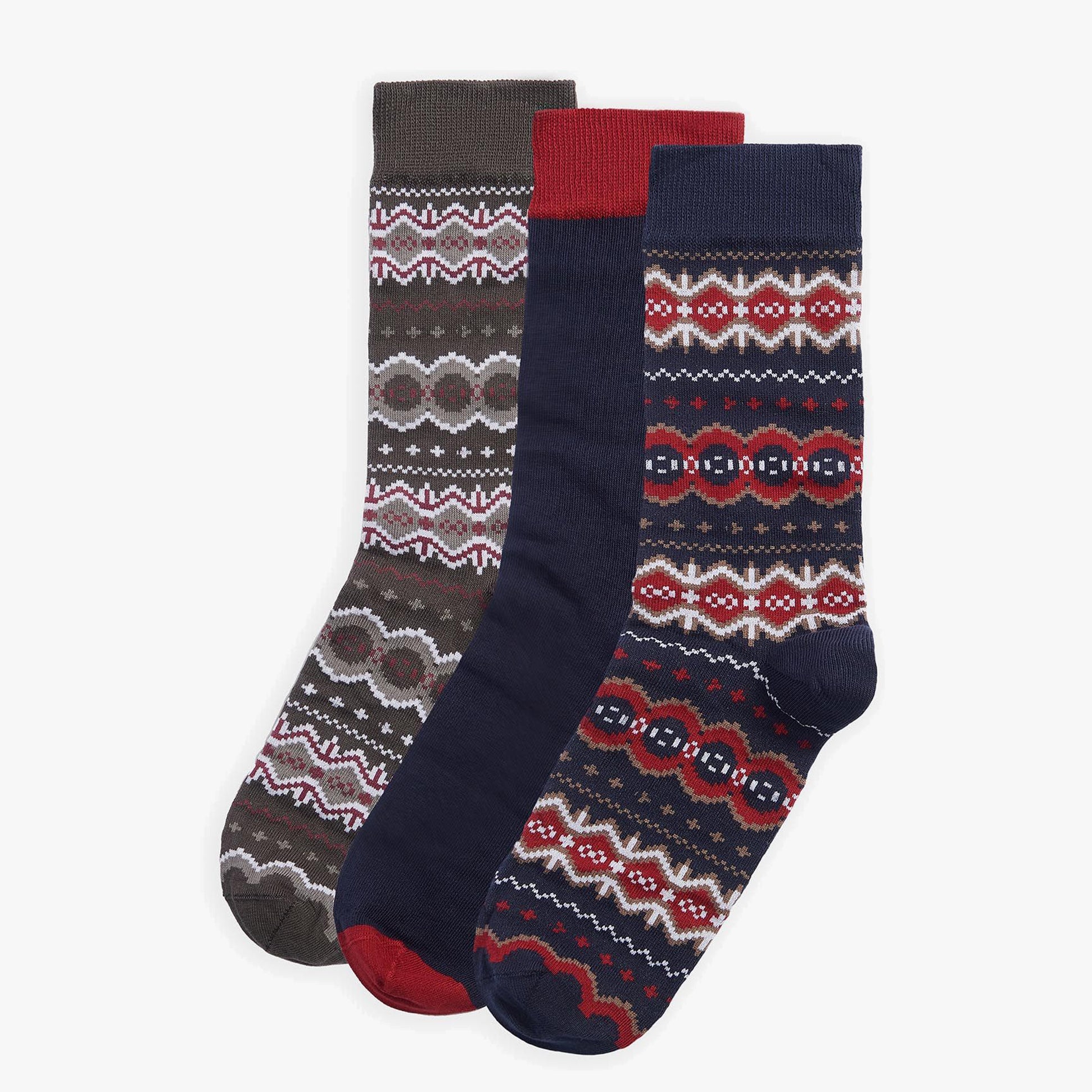 Barbour FAIRISLE Mens Gift Set Cranberry/Black Slate Mix front view of 3 patterned crew socks in cranberry, black, and slate colors.