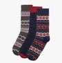 Barbour FAIRISLE Mens Gift Set Cranberry/Black Slate Mix front view of 3 patterned crew socks in cranberry, black, and slate colors.
