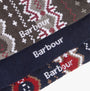 Barbour FAIRISLE Mens Gift Set Cranberry/Black Slate Mix detail view of patterned socks and brand logo.
