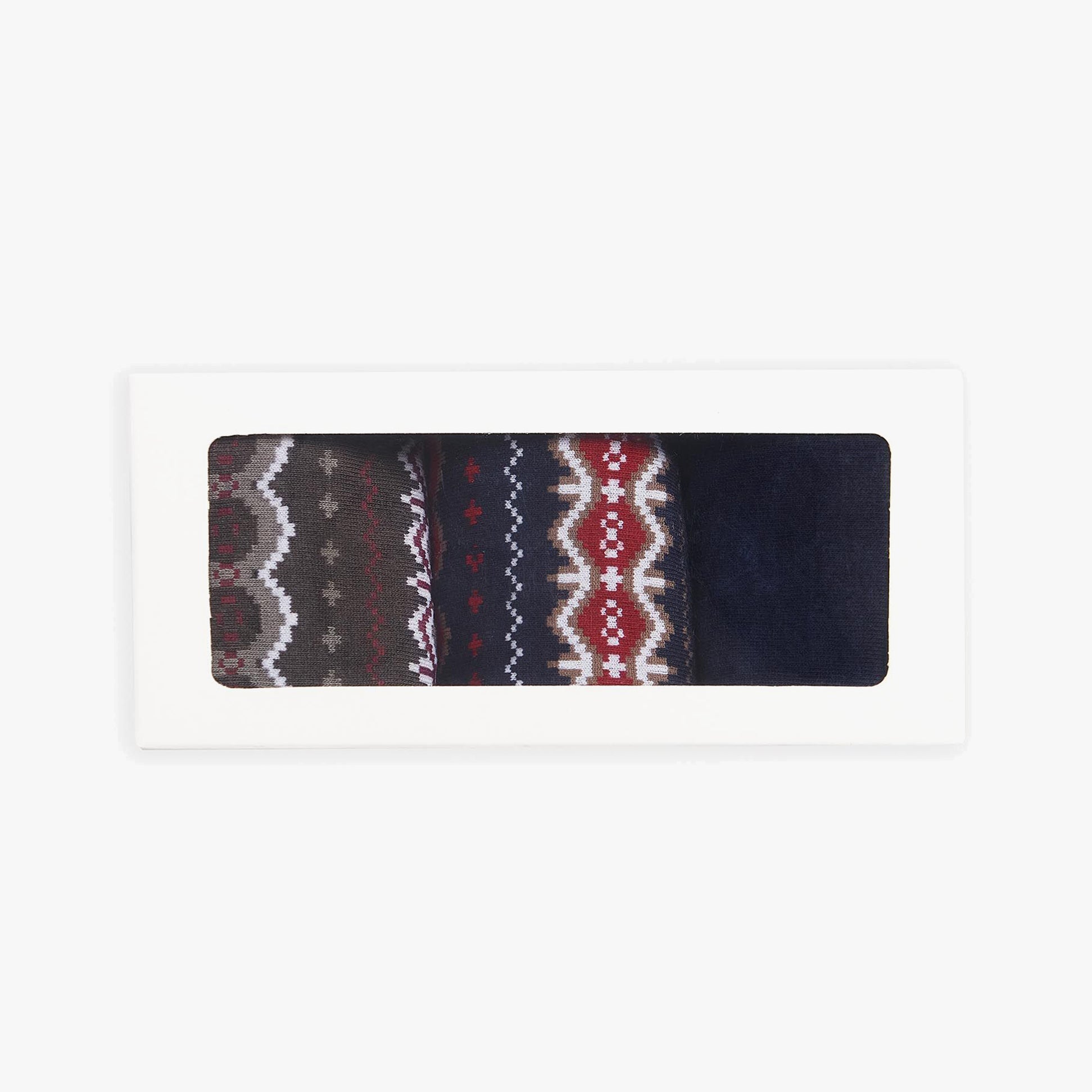 Barbour FAIRISLE Mens Gift Set Cranberry/Black Slate Mix, top view of 3 crew socks in gift box, featuring festive patterns.