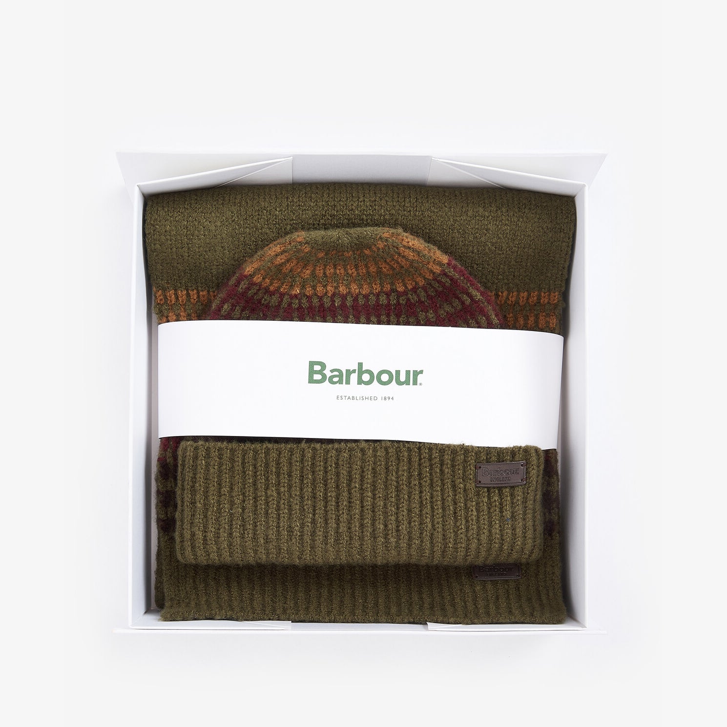 Barbour BRANTON BEANIE & SCARF Gift Set Mens Army Green in a gift box, showing beanie and scarf in top view.