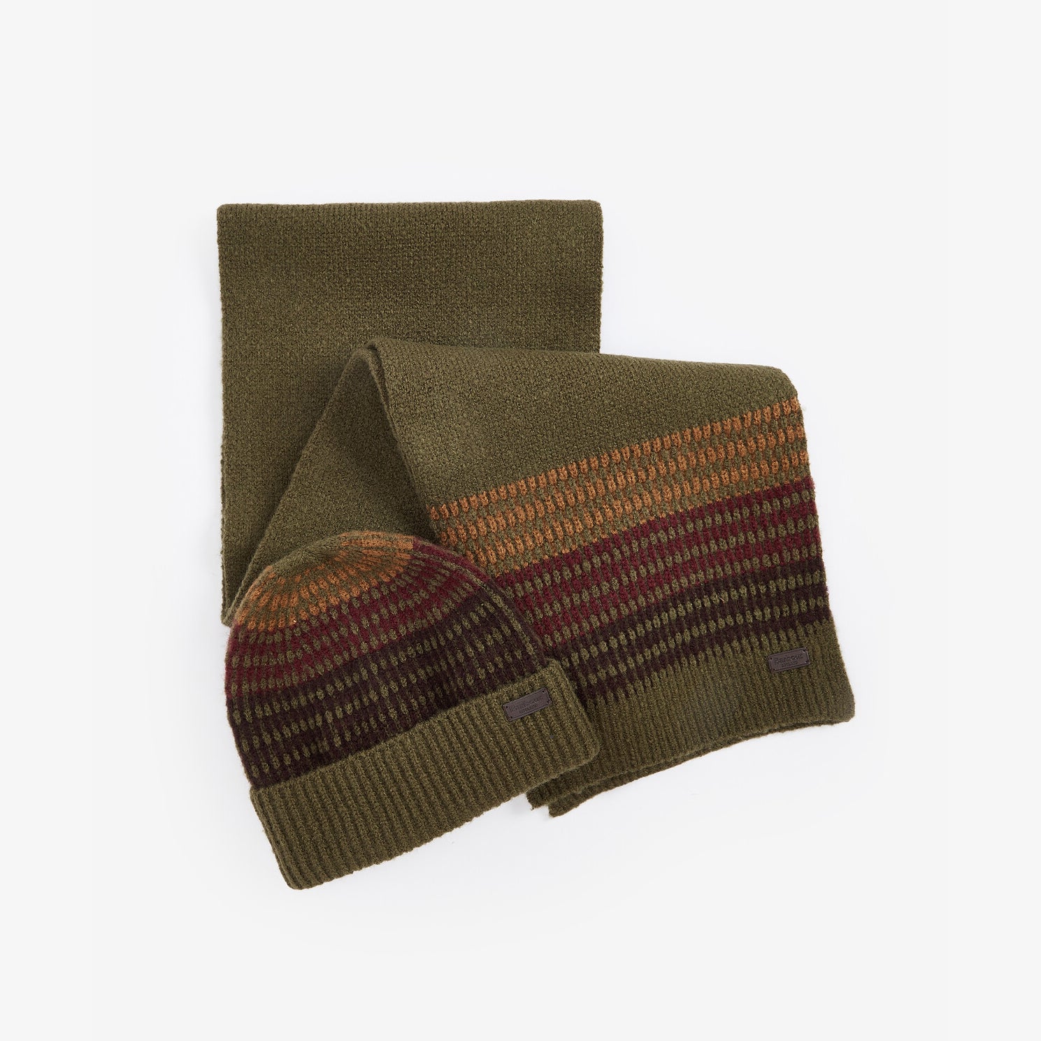 Barbour BRANTON BEANIE & SCARF Gift Set Mens Army Green, top view showing textured beanie and matching scarf.