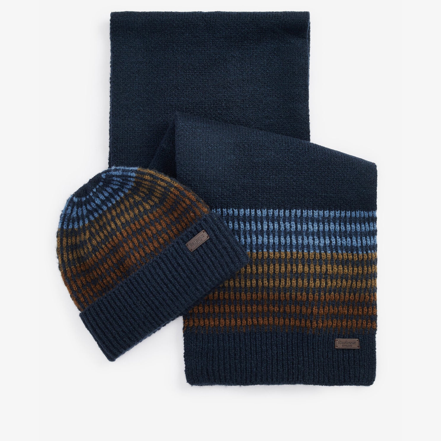 Barbour BRANTON BEANIE & SCARF Gift Set Mens Navy, front view of navy textured beanie and matching knitted scarf.