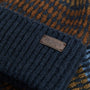Barbour BRANTON BEANIE & SCARF Gift Set Mens Navy close-up detail view of textured beanie label and fabric.