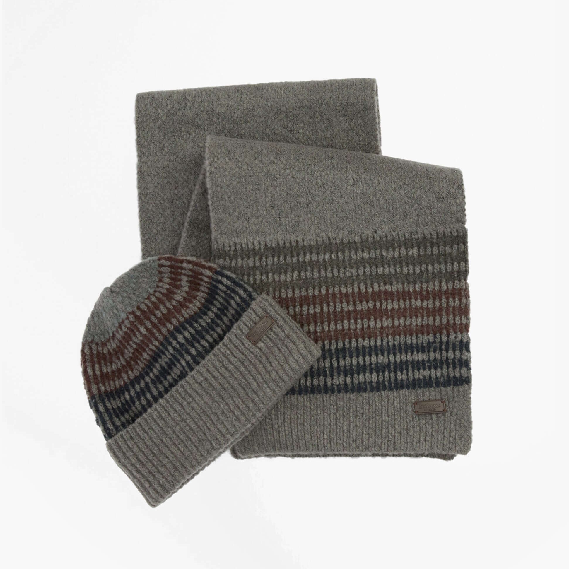 Barbour BRANTON BEANIE & SCARF Mens Gift Set Midnight Oak, top view of hat and scarf in grey with striped design.