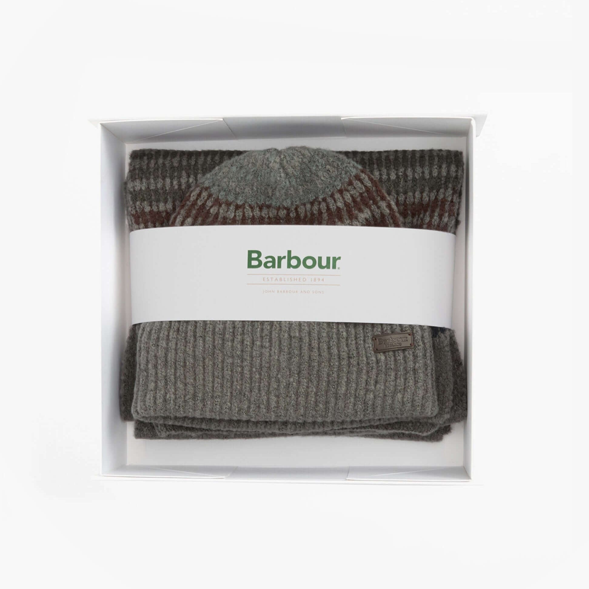 Barbour BRANTON BEANIE & SCARF Mens Gift Set Midnight Oak top view neatly packaged in gift box
