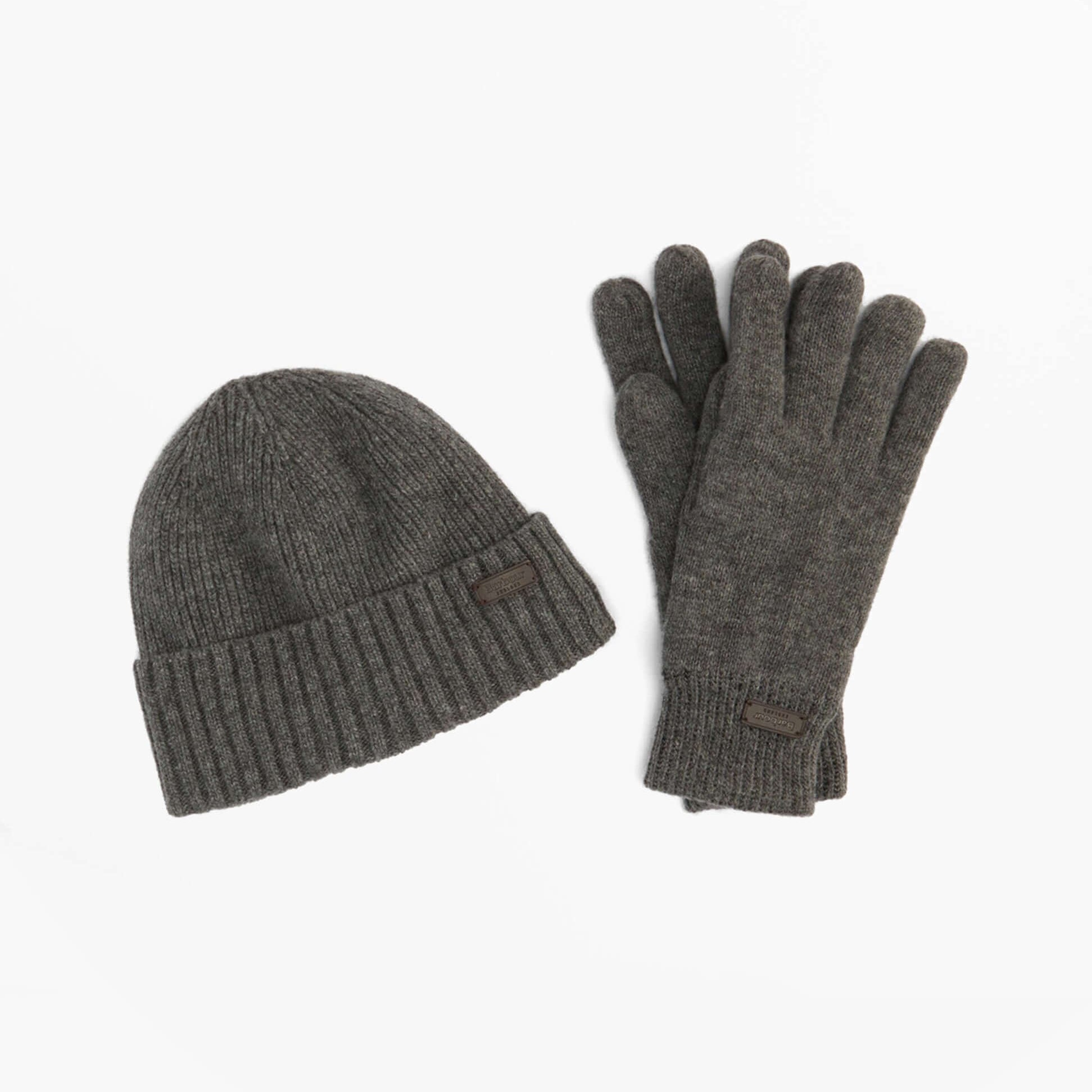 Barbour CARLTON BEANIE & GLOVES Mens Gift Set Grey, top view of beanie and gloves, showcasing knit texture.