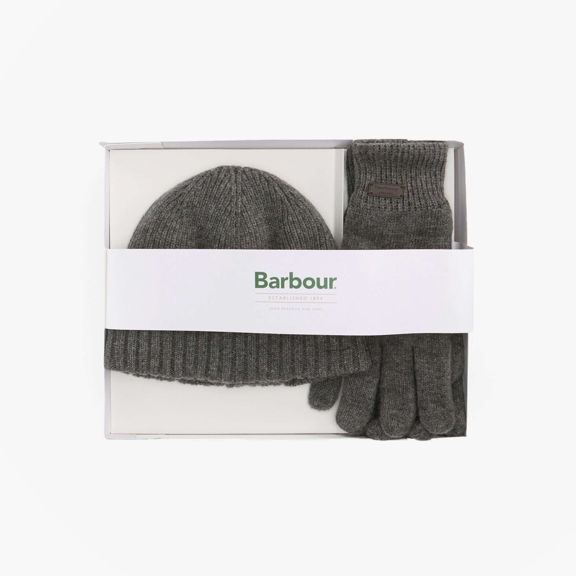 Barbour CARLTON BEANIE & GLOVES Mens Gift Set Grey in gift box, featuring a beanie and gloves, top view.