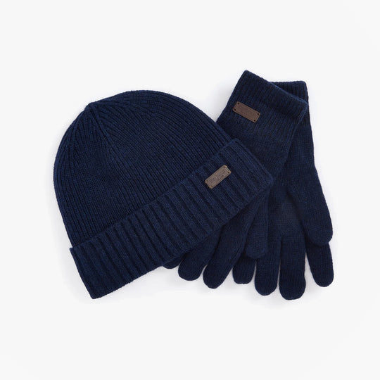 Barbour CARLTON BEANIE & GLOVES Gift Set Mens Navy, top view of the navy beanie and gloves neatly arranged.
