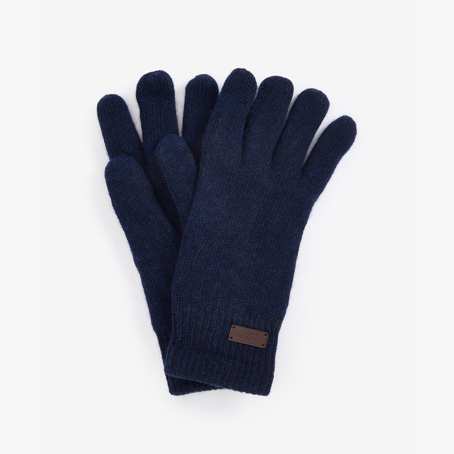 Barbour CARLTON BEANIE & GLOVES Gift Set Mens Navy gloves flat lay view in navy wool with leather label.