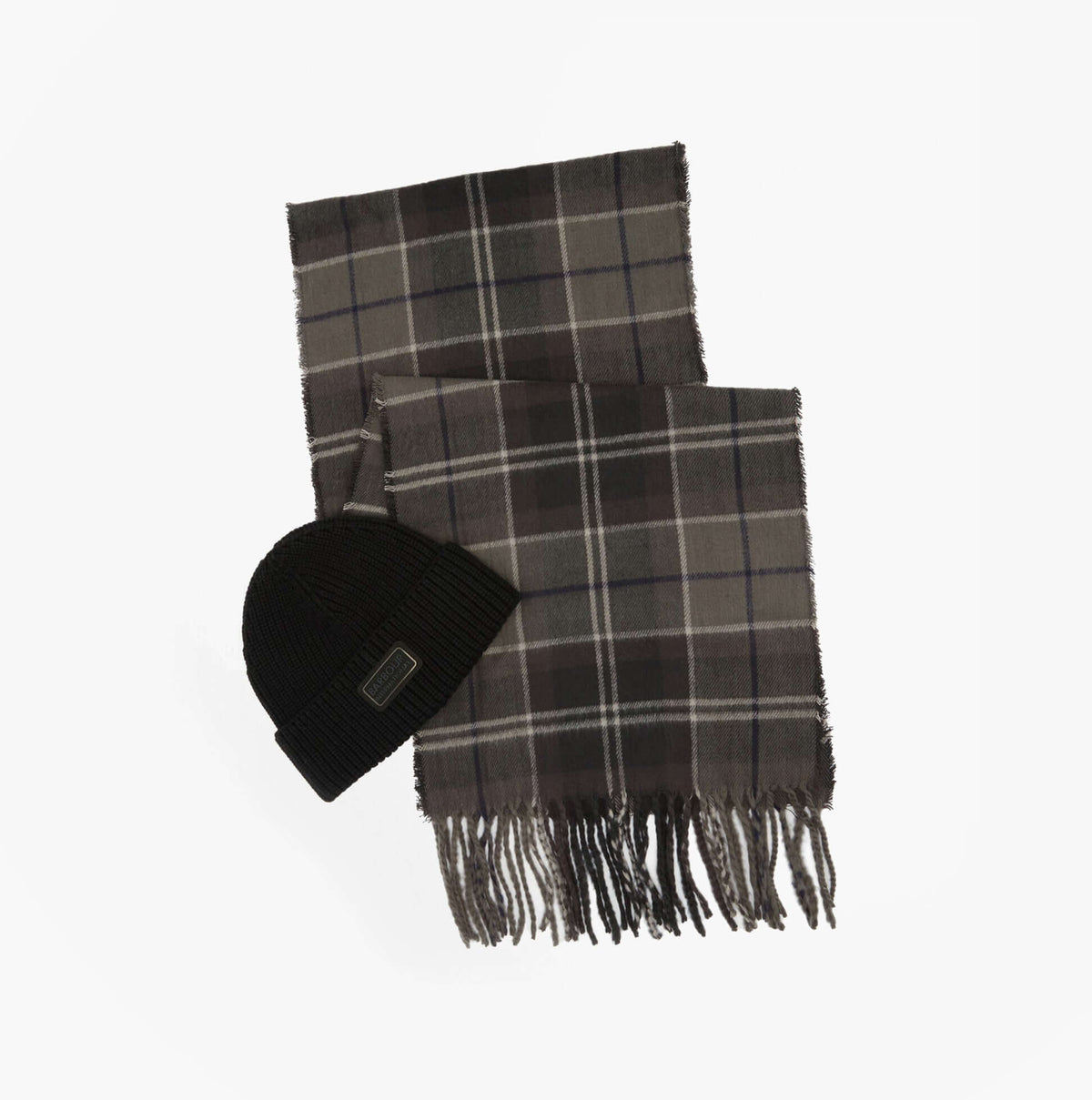 Barbour SWEEPER BEANIE AND SCARF Mens Gift Set Black, top view showing beanie and plaid scarf laid flat.