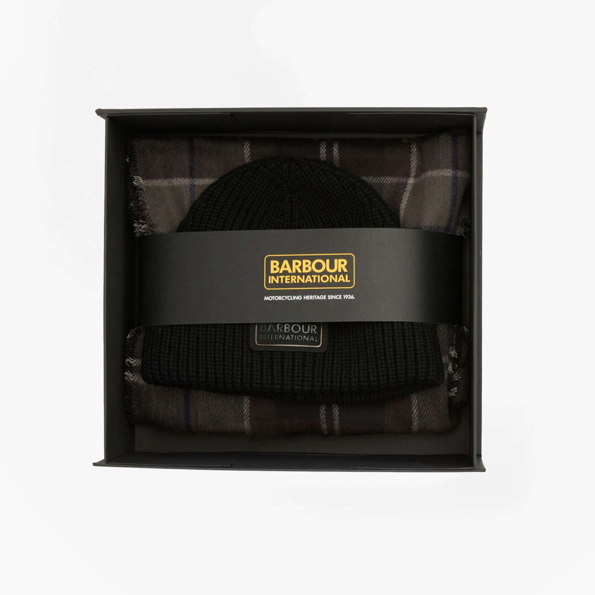 Barbour SWEEPER BEANIE AND SCARF Mens Gift Set Black, front view in gift box, featuring a black beanie and scarf.