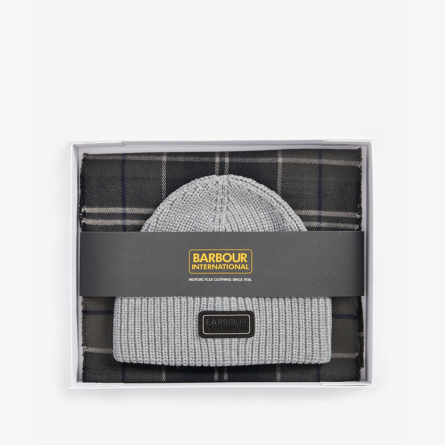Barbour SWEEPER BEANIE & SCARF Gift Set Mens Grey in gift box showing grey ribbed knit beanie and check patterned scarf.