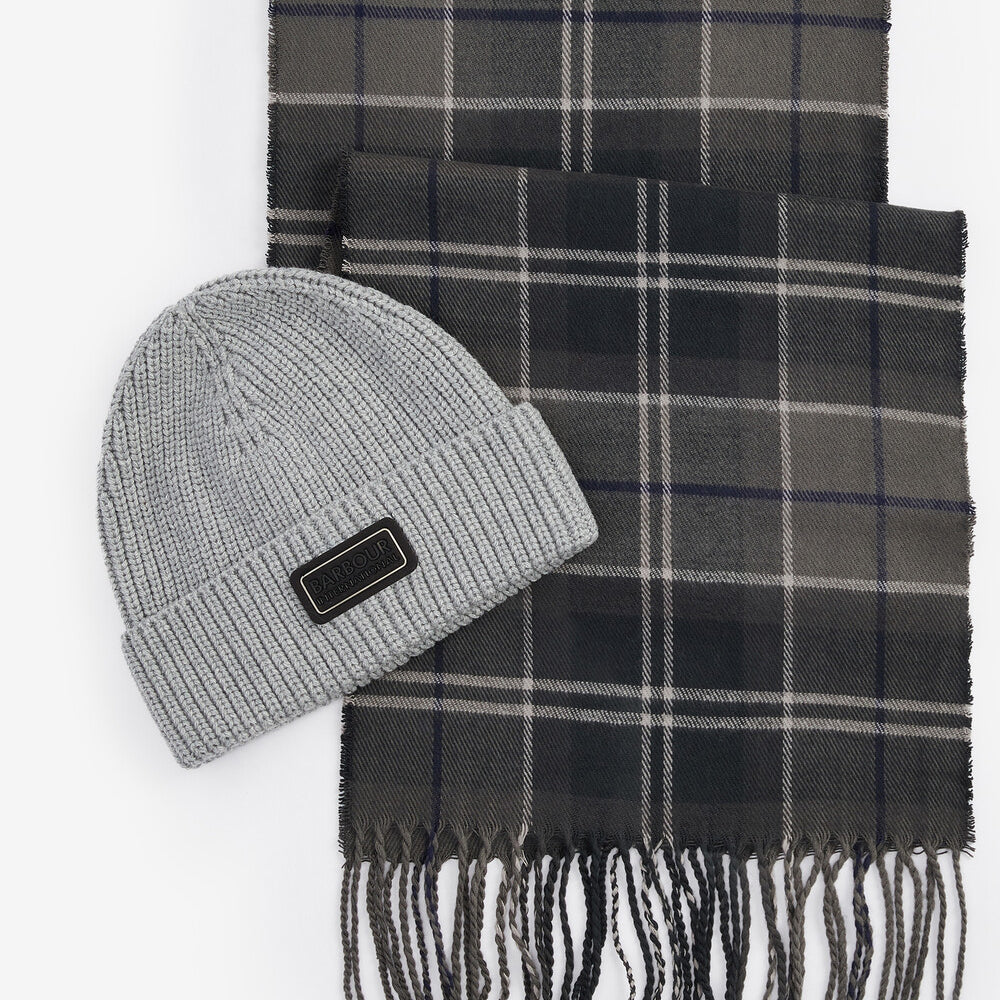 Barbour SWEEPER BEANIE & SCARF Gift Set Mens Grey, top view with ribbed knit beanie and check patterned scarf.