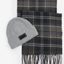 Barbour SWEEPER BEANIE & SCARF Gift Set Mens Grey, top view with ribbed knit beanie and check patterned scarf.