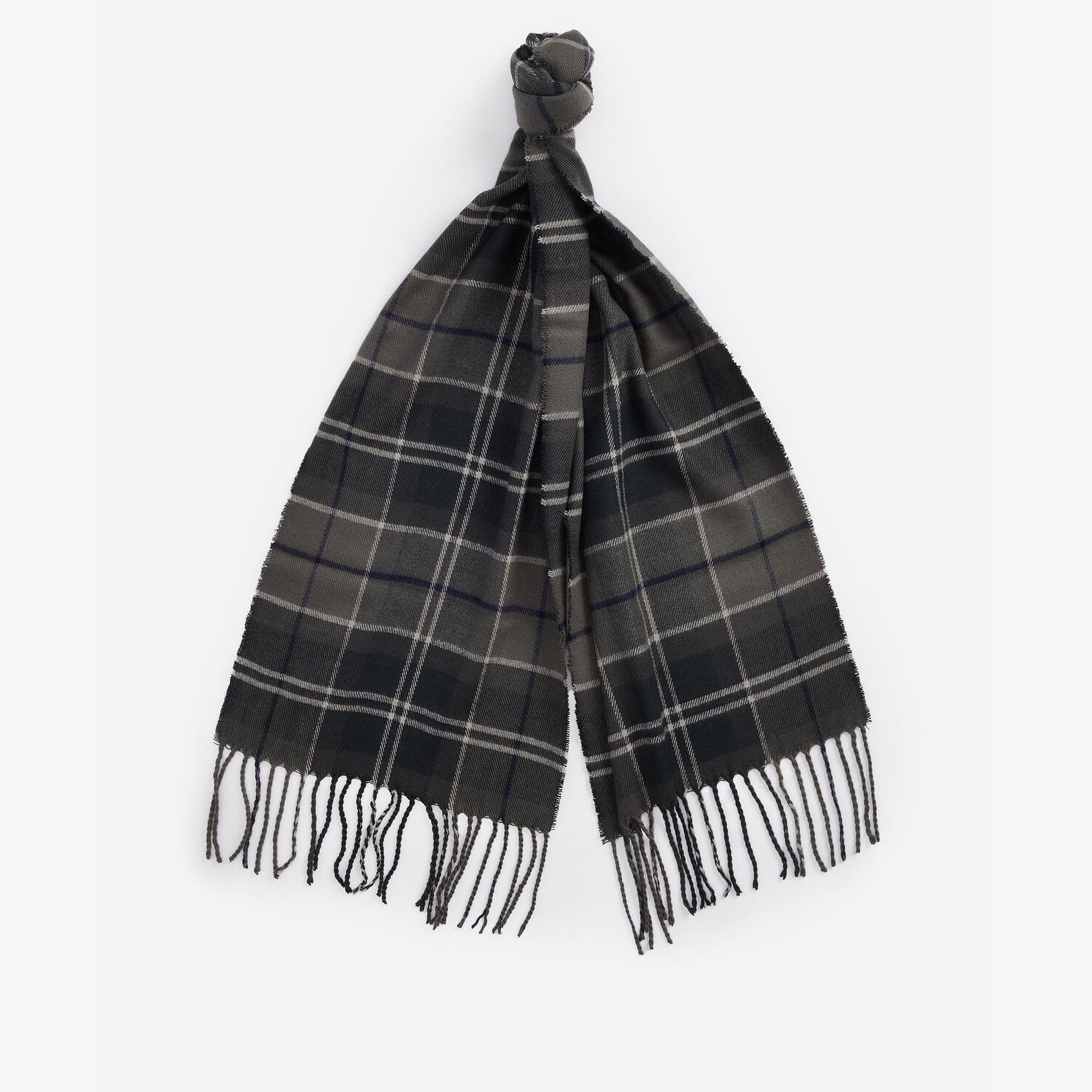 Barbour SWEEPER BEANIE & SCARF Gift Set Mens Grey, detail view of check patterned scarf with fringed tassels.