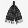 Barbour SWEEPER BEANIE & SCARF Gift Set Mens Grey, detail view of check patterned scarf with fringed tassels.