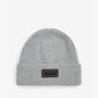 Barbour SWEEPER BEANIE & SCARF Gift Set Mens Grey Front view of a ribbed knit beanie with logos.