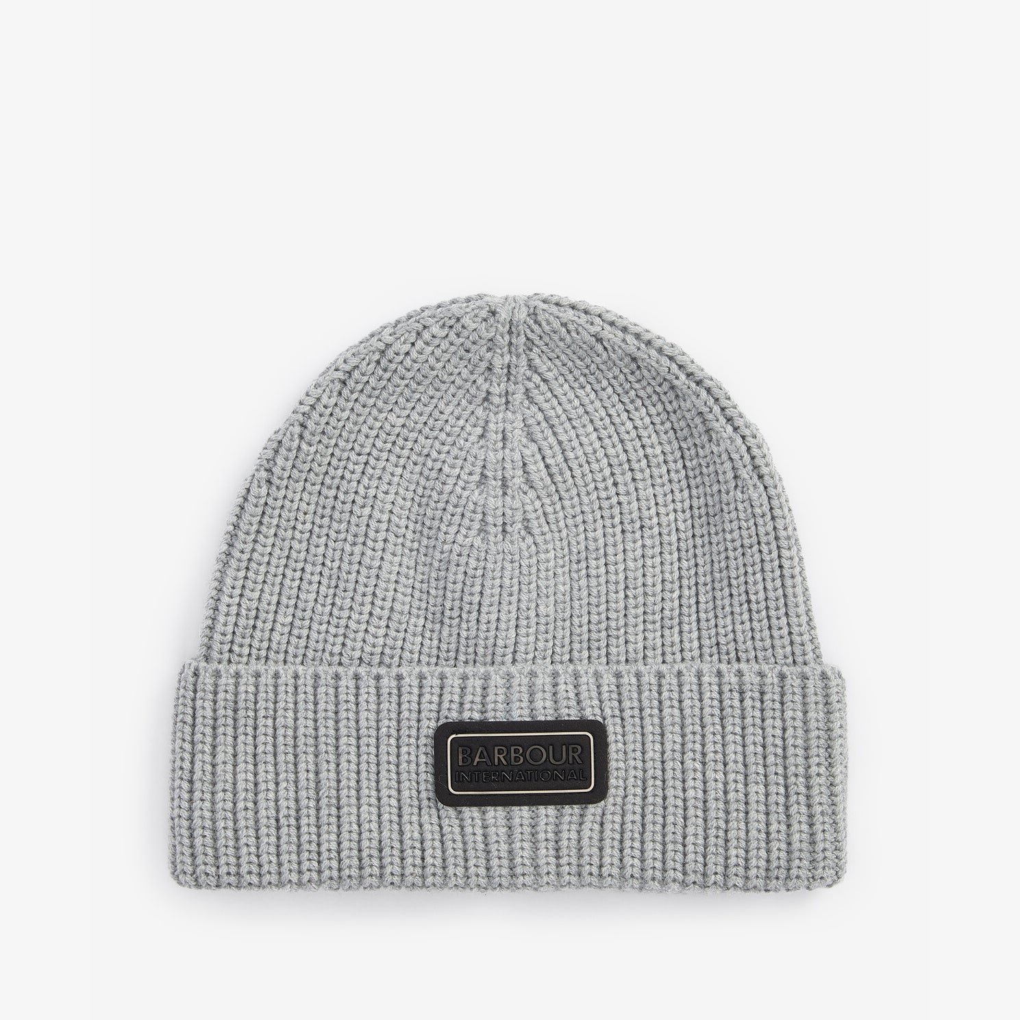 Barbour SWEEPER BEANIE & SCARF Gift Set Mens Grey Front view of a ribbed knit beanie with logos.