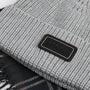 Barbour SWEEPER BEANIE & SCARF Gift Set Mens Grey close-up view of ribbed knit beanie and patterned scarf.