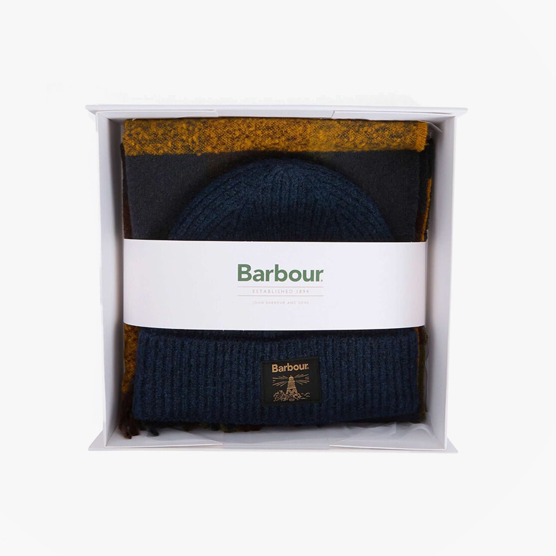 Barbour WESTERDALE BEANIE & SCARF Mens Gift Set Classic in gift box, featuring a navy beanie and mustard scarf.