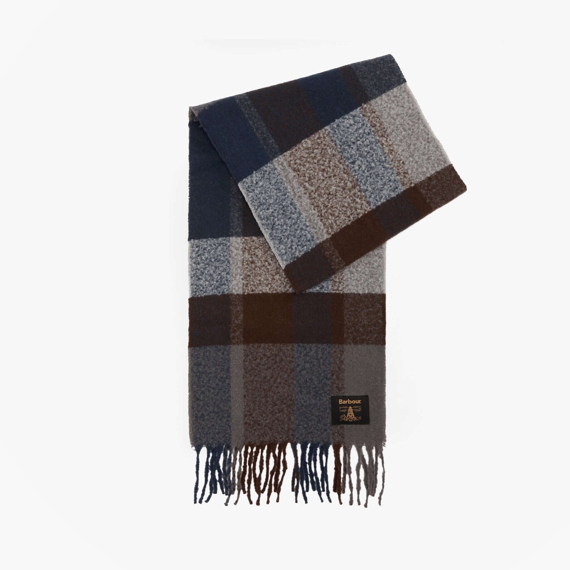 Barbour WESTERDALE BEANIE & SCARF Mens Gift Set Midnight Oak detail view of plaid scarf