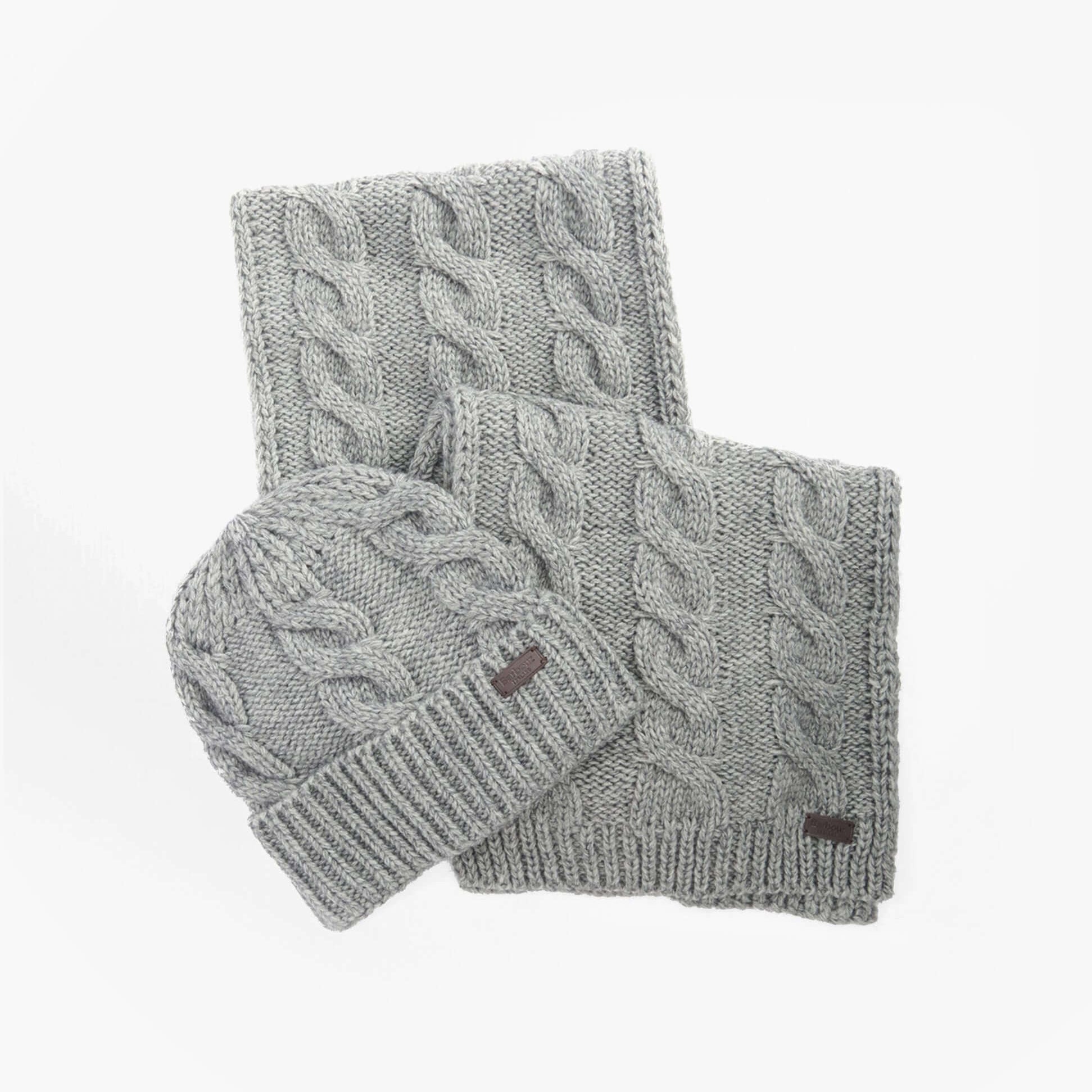 Barbour JESMOND BEANIE AND SCARF Gift Set Mens Mid Grey flat lay view showcasing the knitted hat and scarf.