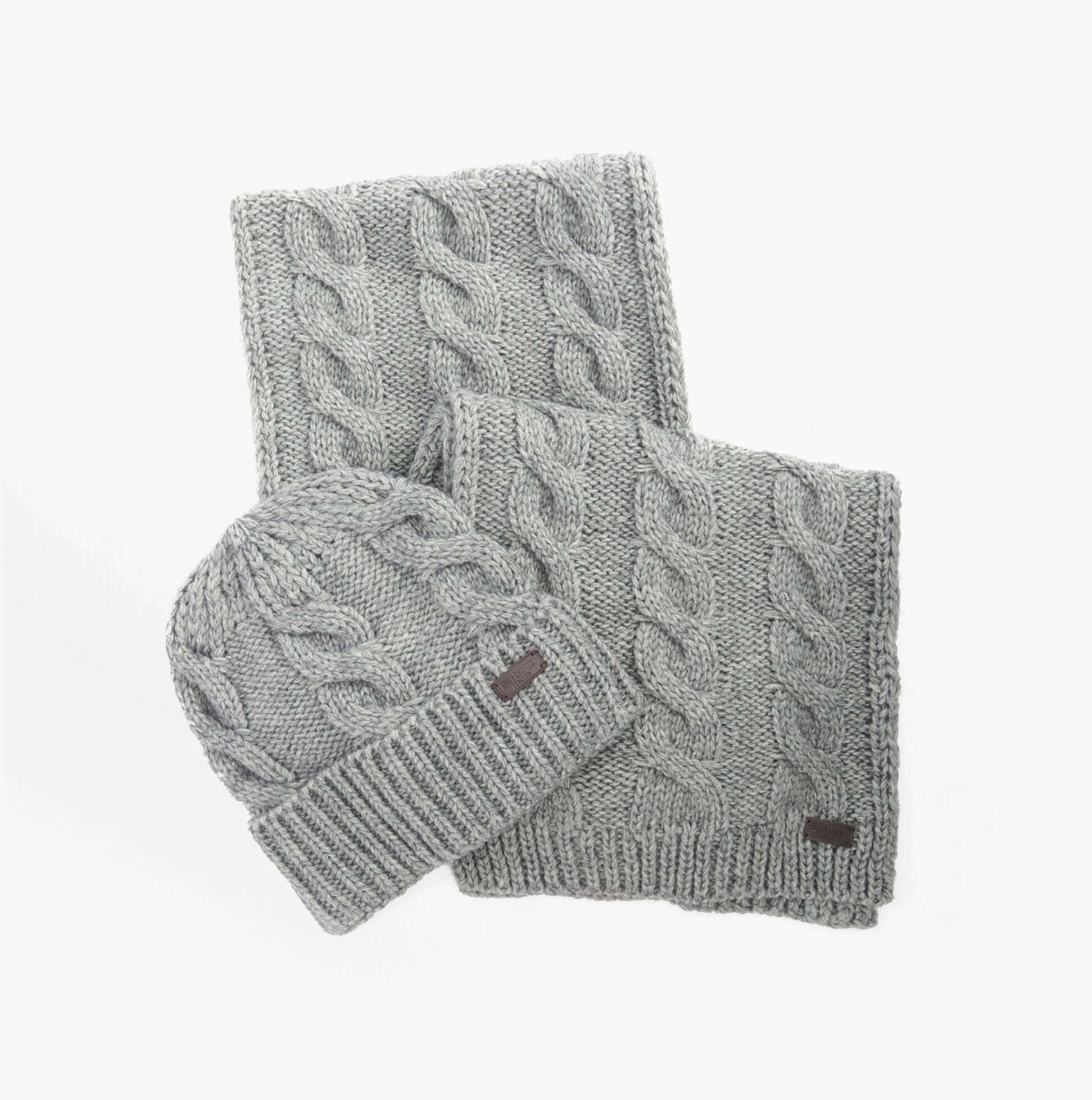 Barbour JESMOND BEANIE AND SCARF Gift Set Mens Mid Grey flat lay view showcasing the knitted hat and scarf.