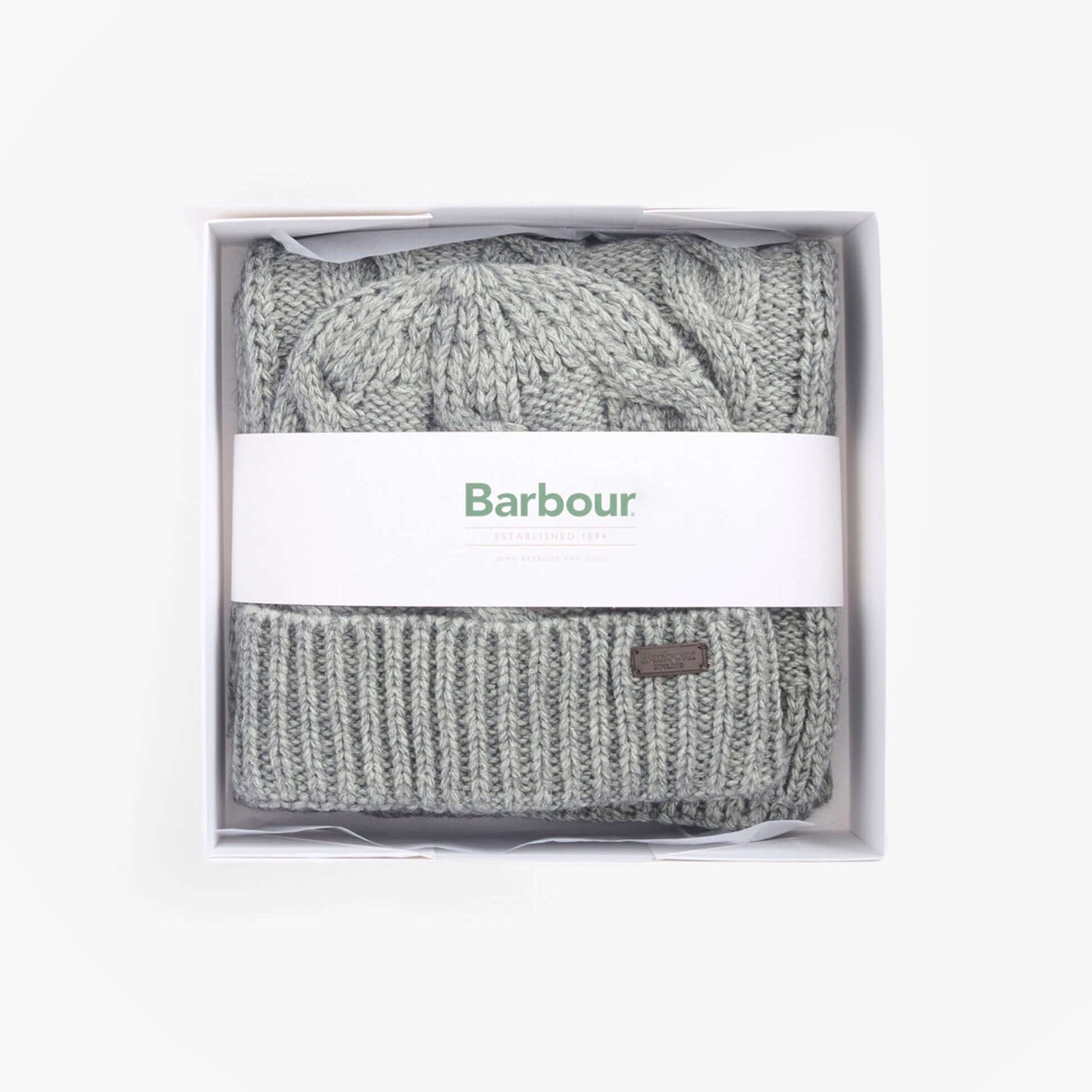 Barbour JESMOND BEANIE AND SCARF Gift Set Mens Mid Grey in gift box, top view showcasing the beanie and scarf.