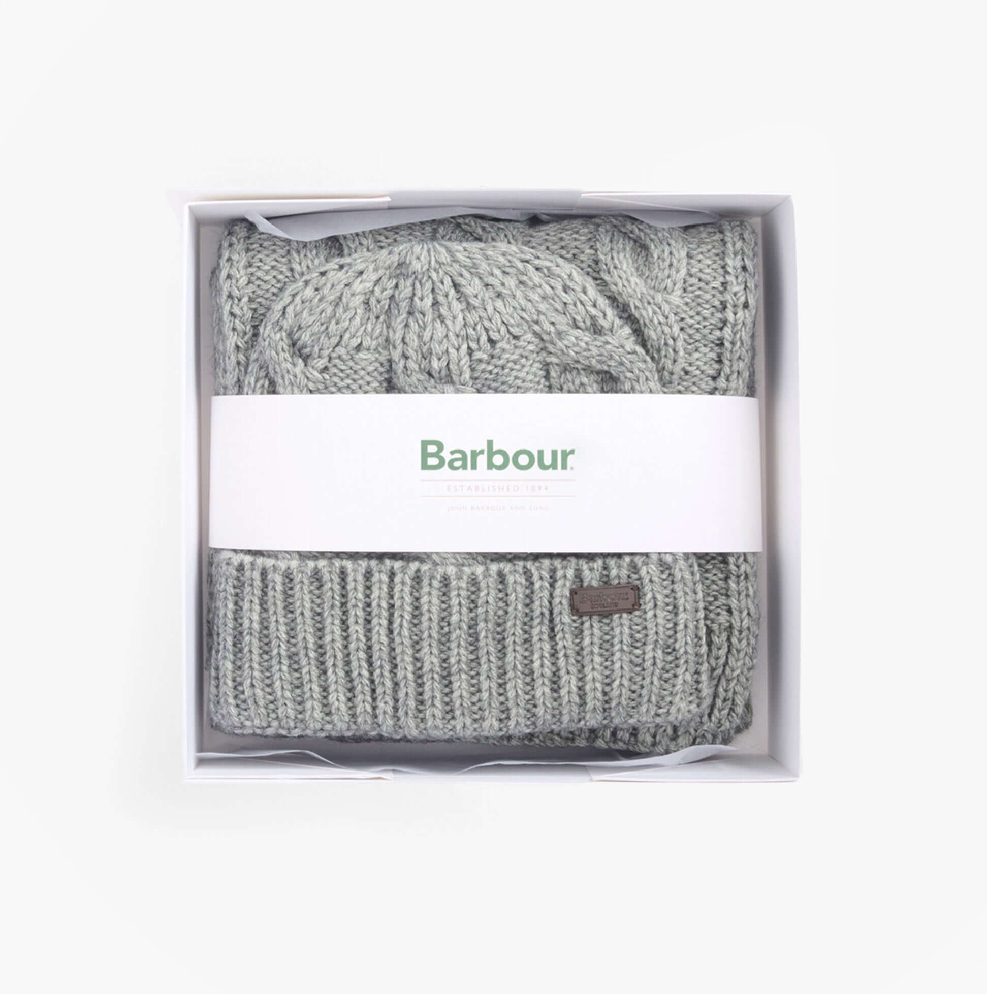 Barbour JESMOND BEANIE AND SCARF Gift Set Mens Mid Grey in gift box, top view showcasing the beanie and scarf.