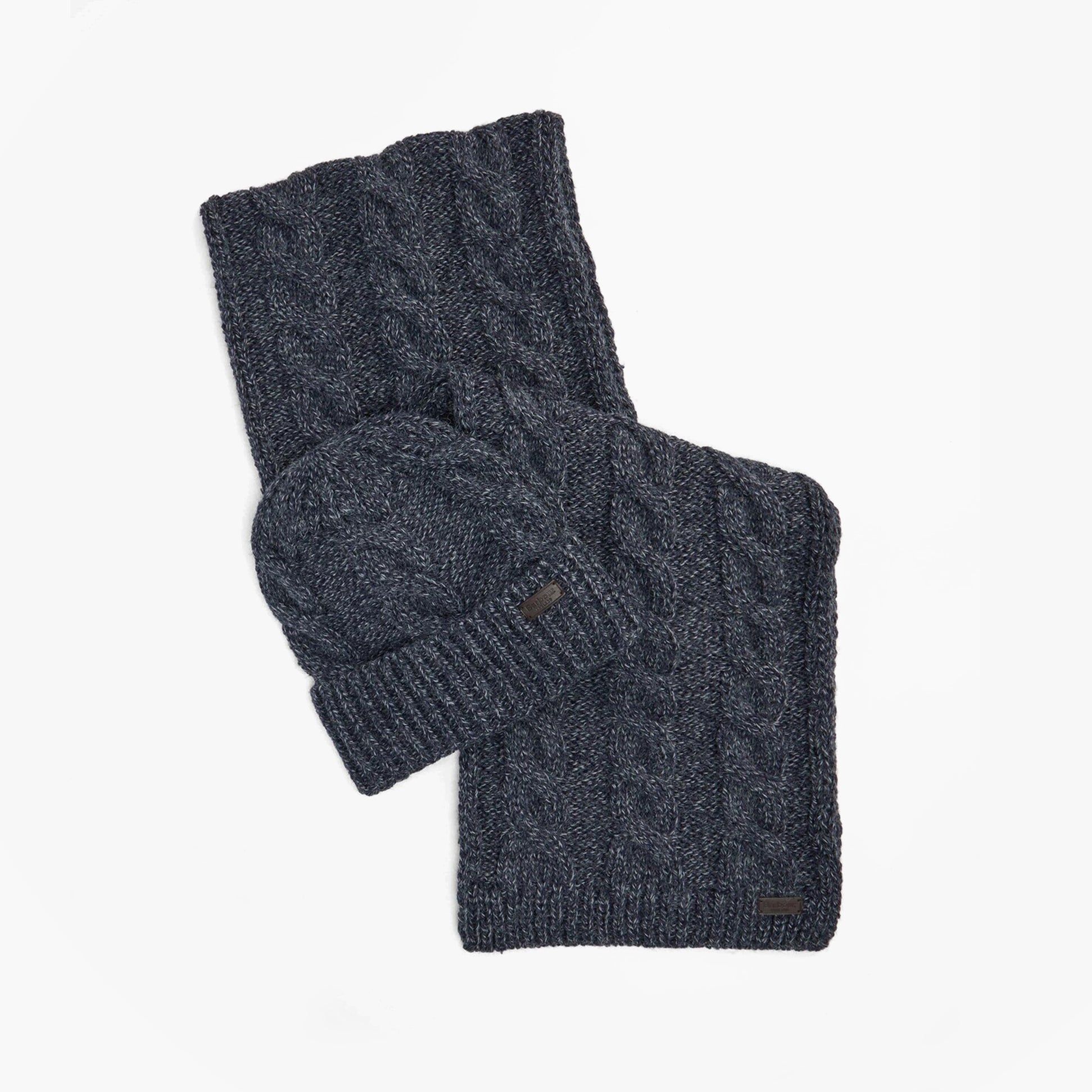 Barbour JESMOND BEANIE AND SCARF Gift Set Mens Beanie Navy front view of knit hat and scarf set.
