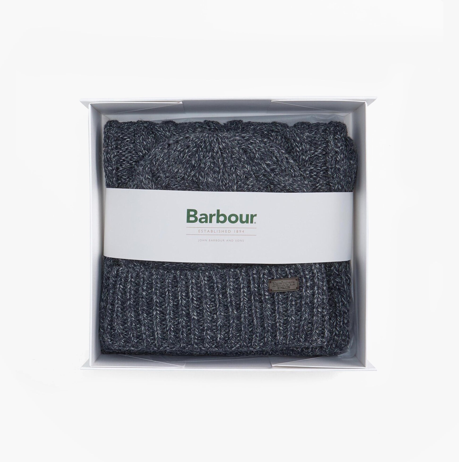 Barbour JESMOND BEANIE AND SCARF Gift Set Mens Beanie Navy in gift box, top view showcasing beanie and scarf.