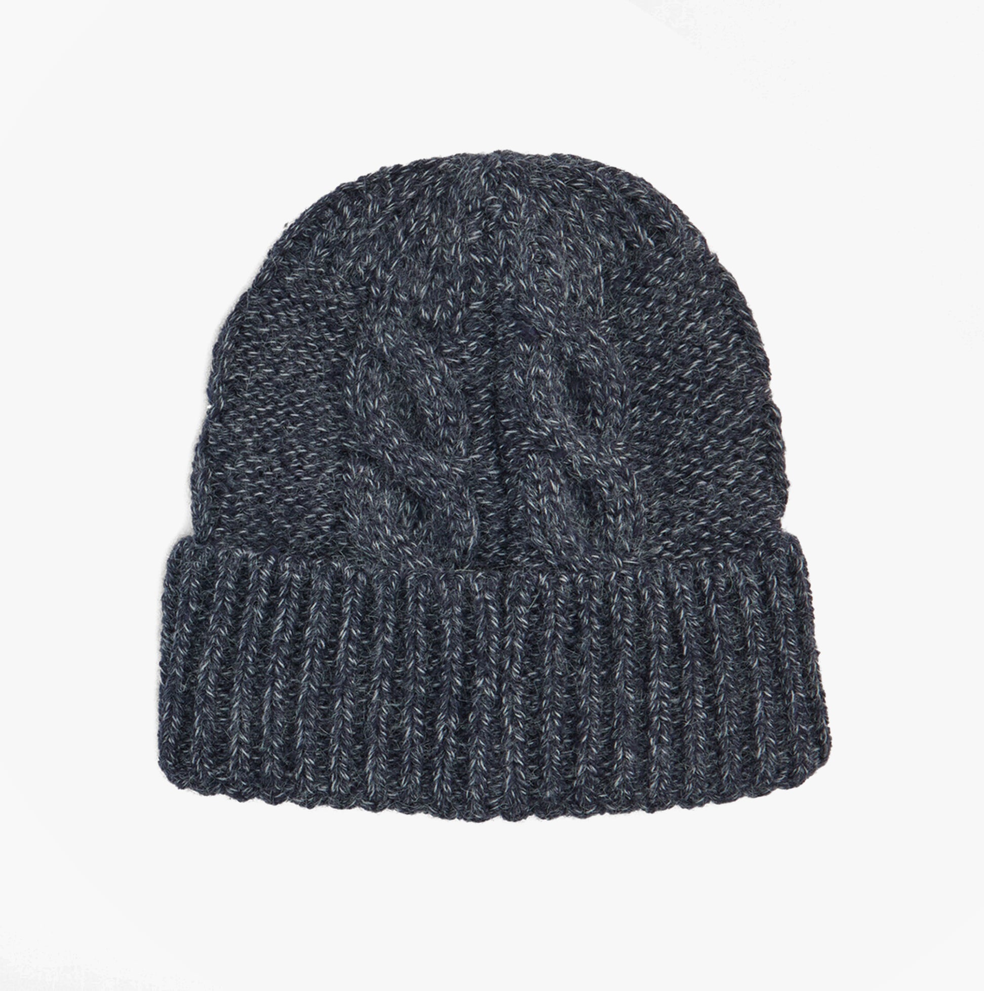 Barbour JESMOND BEANIE AND SCARF Gift Set Mens Beanie Navy top view of knitted beanie with cable pattern.