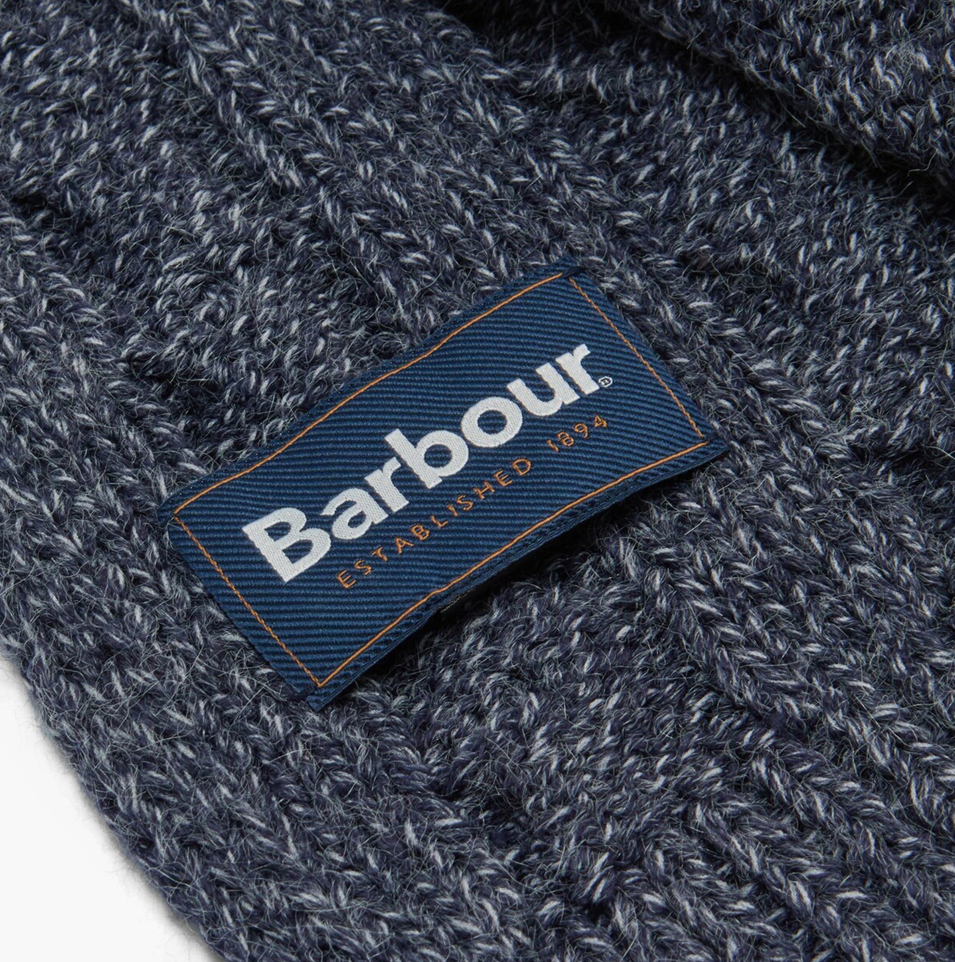 Barbour JESMOND BEANIE AND SCARF Gift Set Mens Beanie Navy detail view of branded tab on beanie.