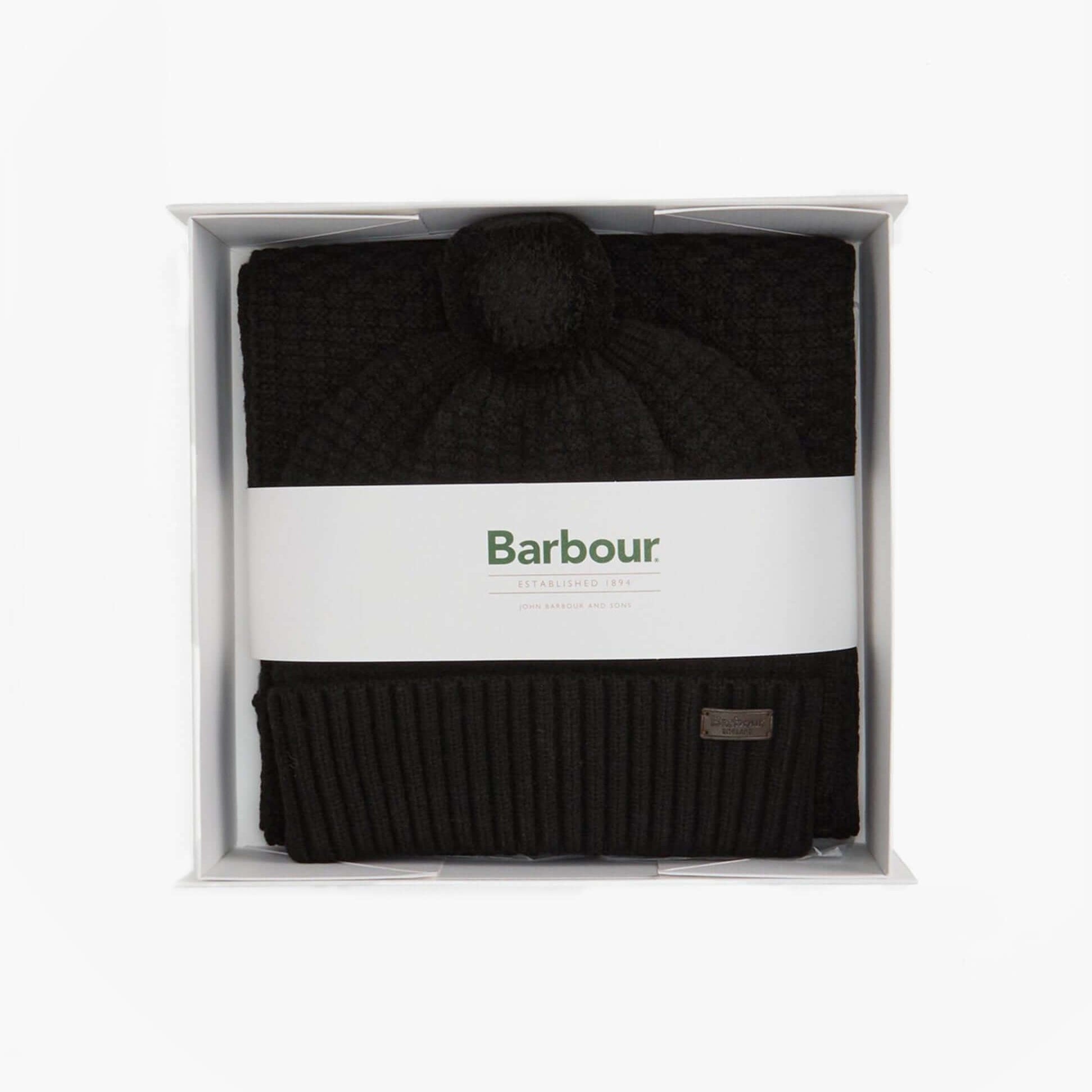 Barbour RAMSIDE BEANIE AND SCARF Mens Gift Set Black neatly arranged in a gift box, showcasing the beanie and scarf.