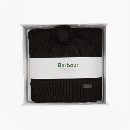 Barbour RAMSIDE BEANIE AND SCARF Mens Gift Set Black neatly arranged in a gift box, showcasing the beanie and scarf.