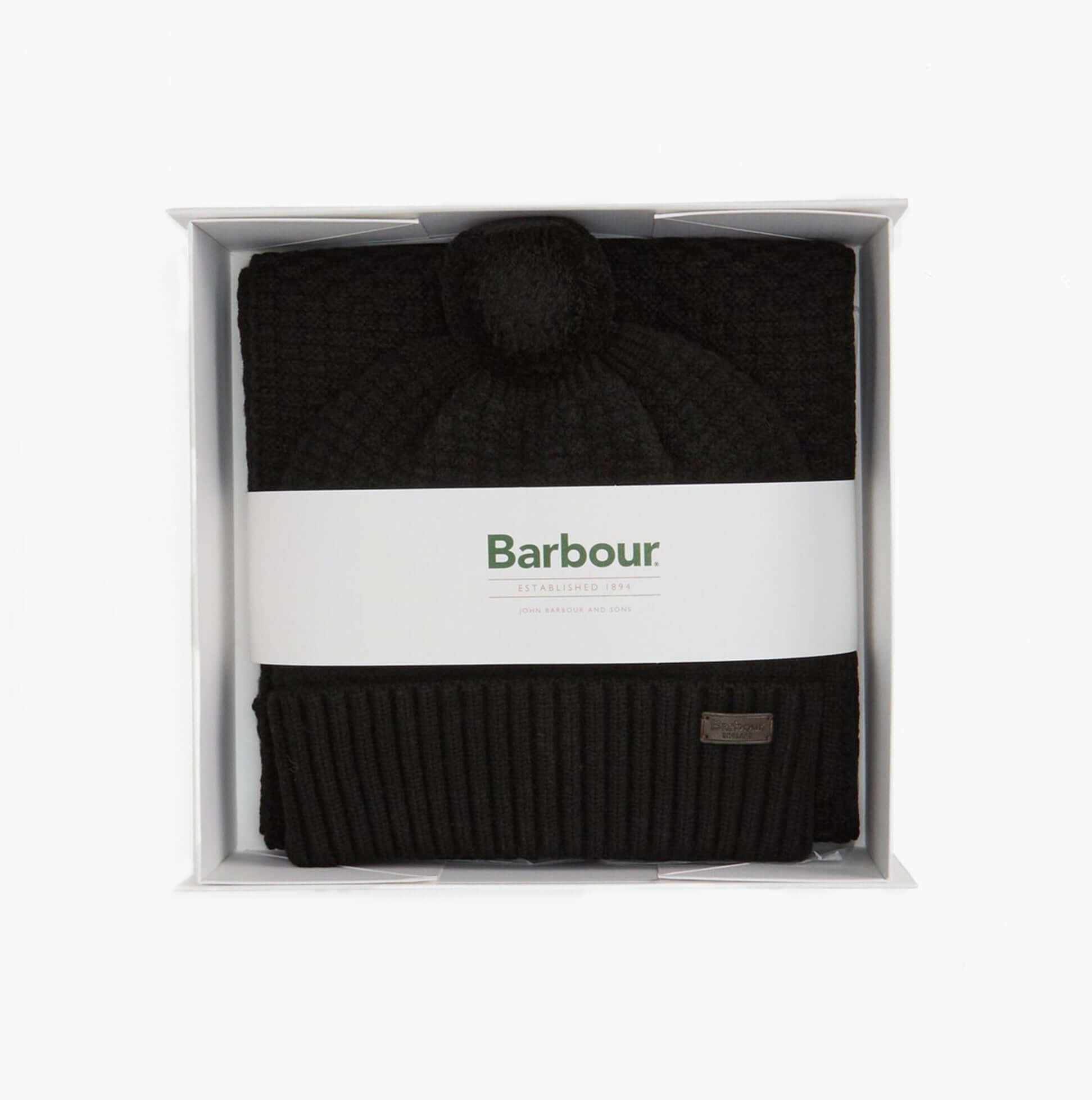 Barbour RAMSIDE BEANIE AND SCARF Mens Gift Set Black neatly arranged in a gift box, showcasing the beanie and scarf.