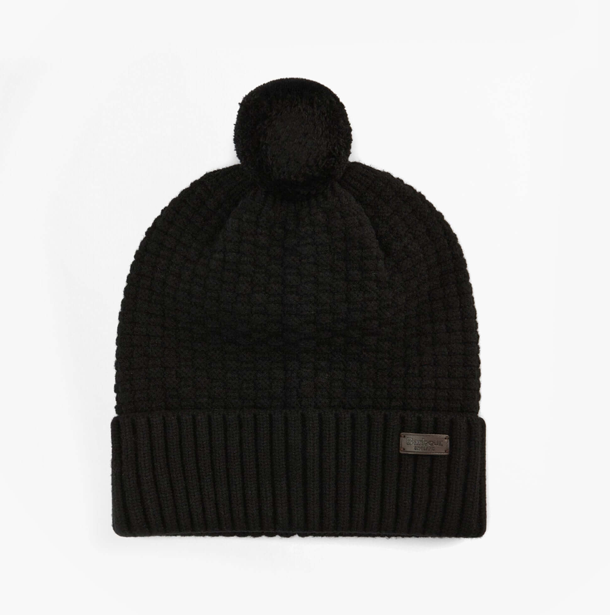 Barbour RAMSIDE BEANIE AND SCARF Mens Gift Set Black top view of beanie with pom-pom and textured design