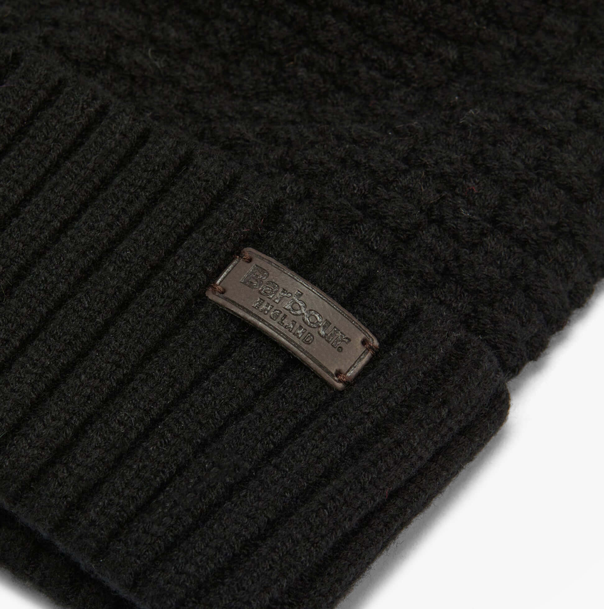Barbour RAMSIDE BEANIE AND SCARF Mens Gift Set Black detail view of beanie showing textured knit and logo patch