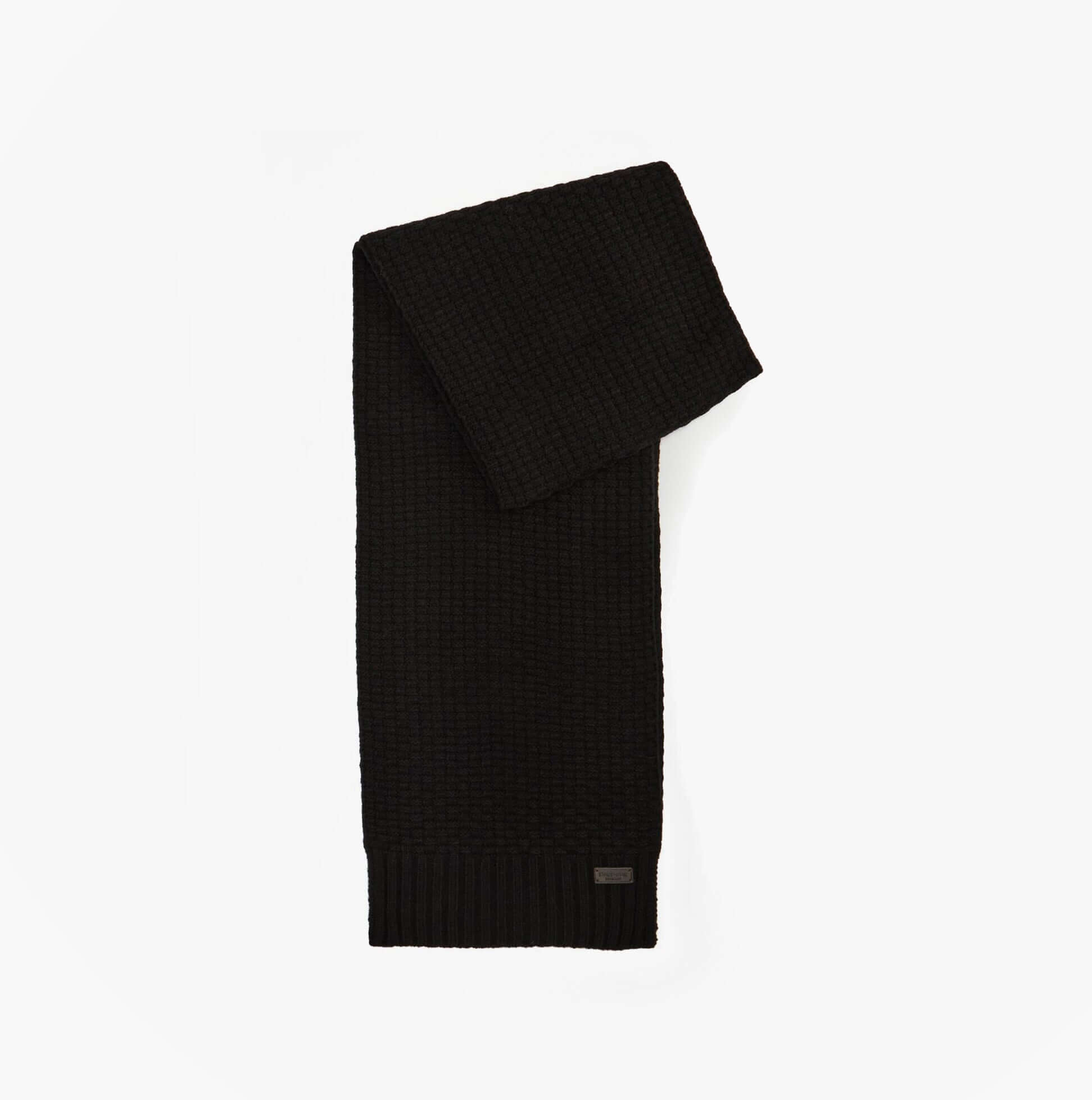 Barbour RAMSIDE BEANIE AND SCARF Mens Gift Set Black, folded black scarf top view, woven texture detail.